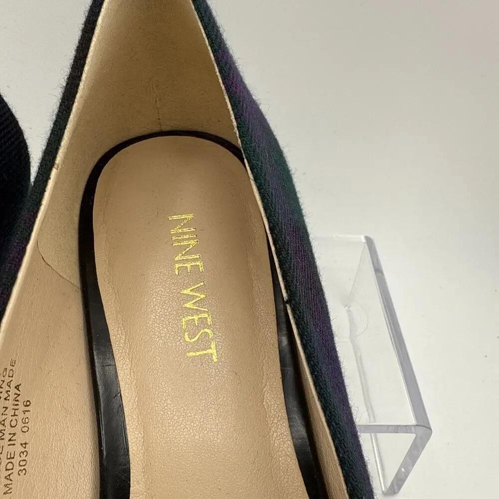 Nine West Women's Onlee Multicolor Plaid Fabric Pointed Toe Flats Size 8 M NWB
